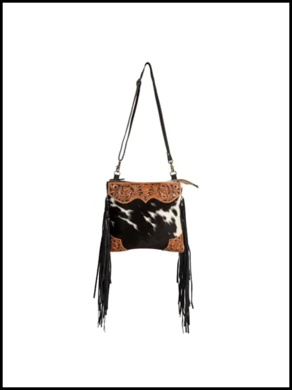 Tooled Leather Cowhide Crossbody Bag - Hand-Etched Western Purse